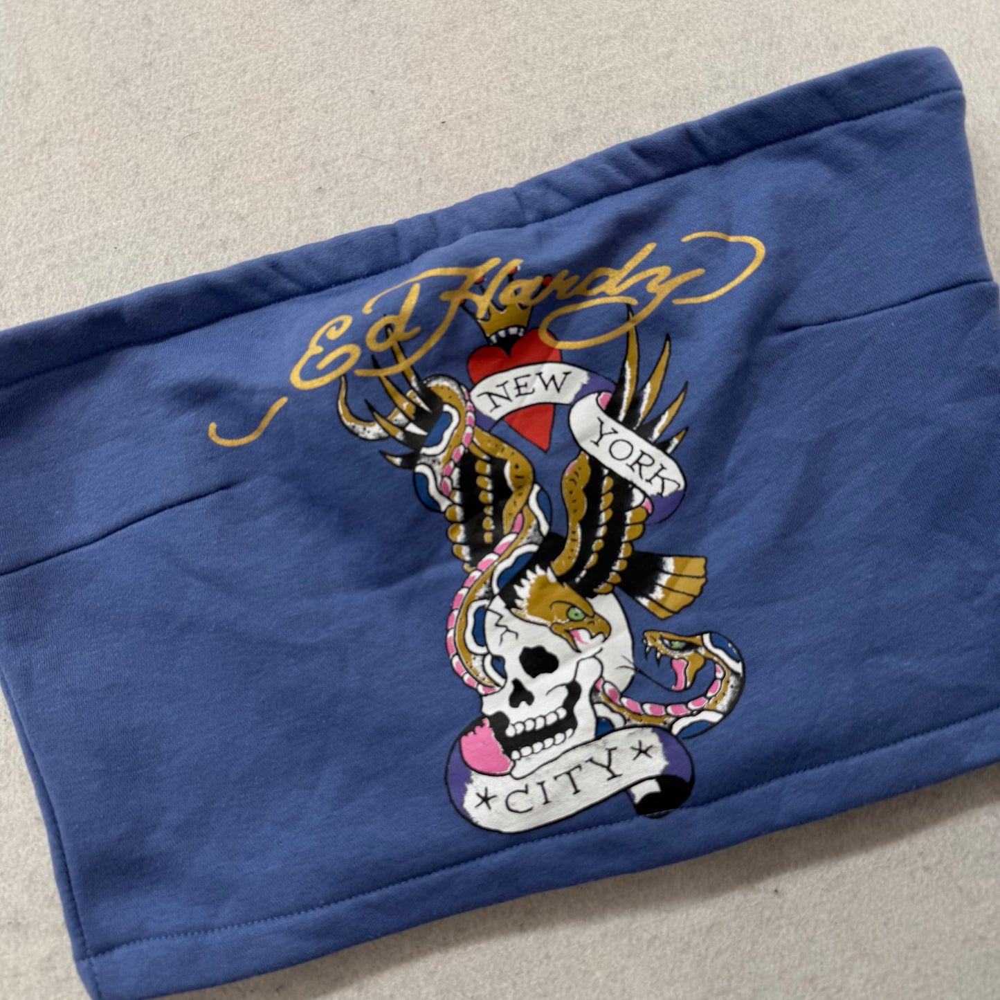 Ed Hardy Women's Dusty Blue Cotton Tube Top Eagle & Skull Graphic Logo Size XL