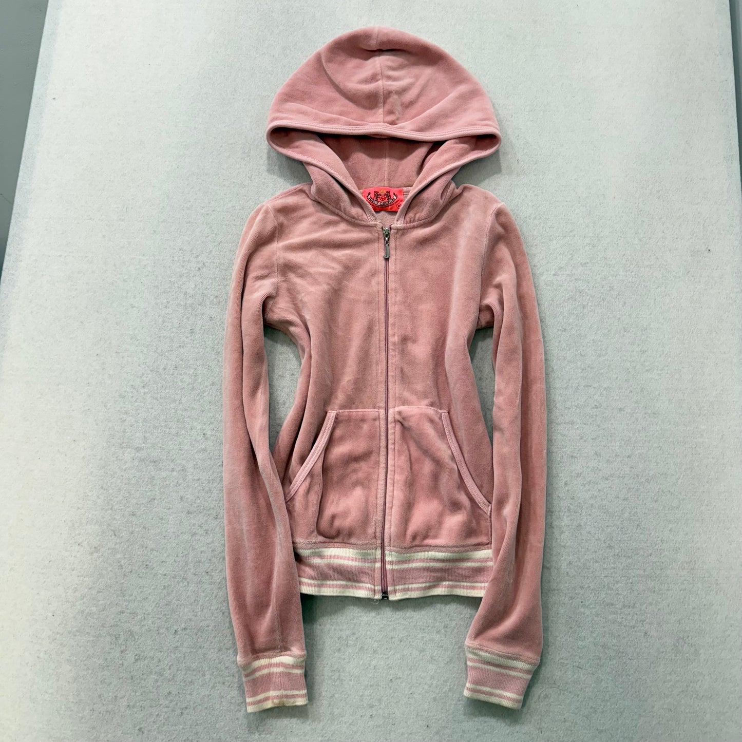 2003 Vintage Juicy Couture Pink Velour Zip-Up Hoodie White Stripe Rib Hem Size P