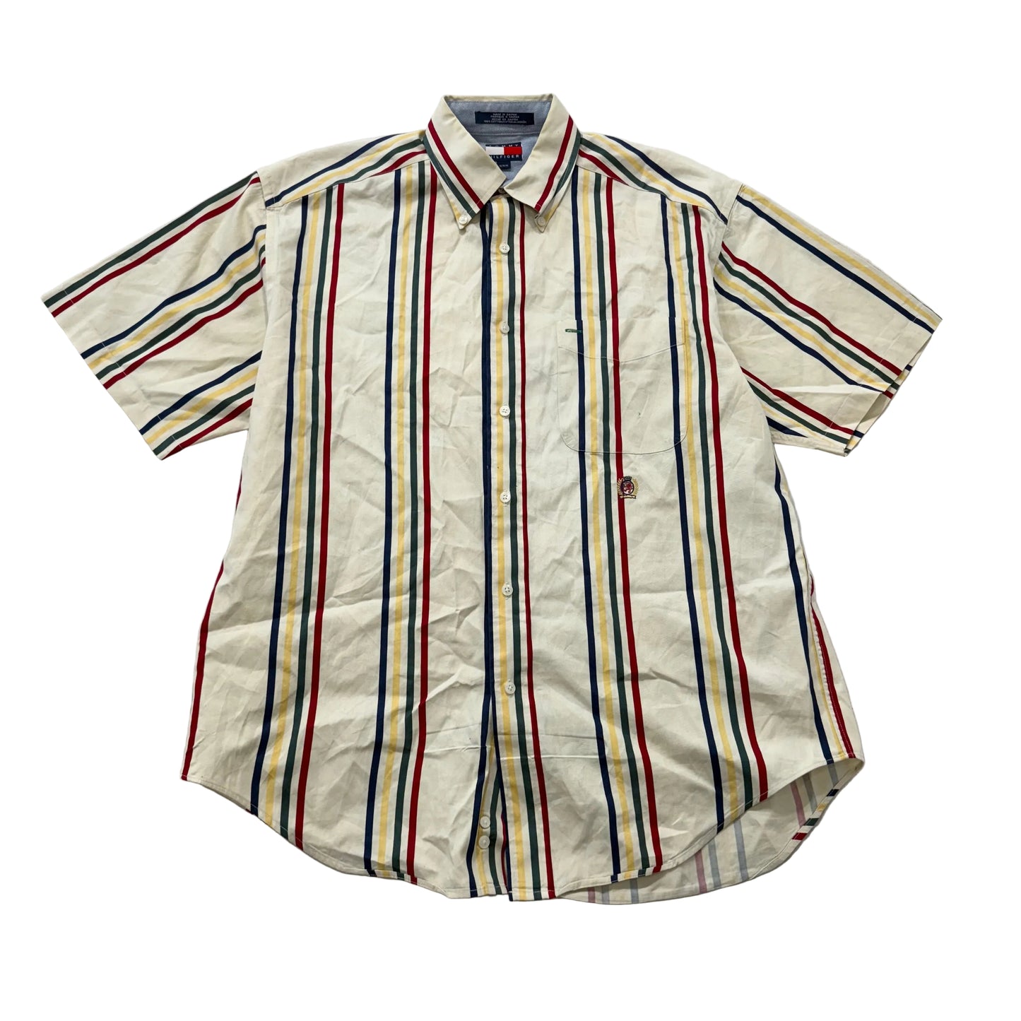 Tommy Hilfiger Cream Stripes 100% Cotton Short Sleeves Button-Down Shirt Size M
