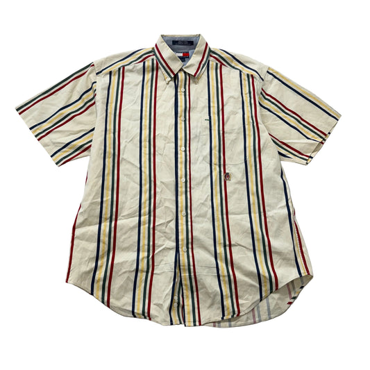 Tommy Hilfiger Cream Stripes 100% Cotton Short Sleeves Button-Down Shirt Size M