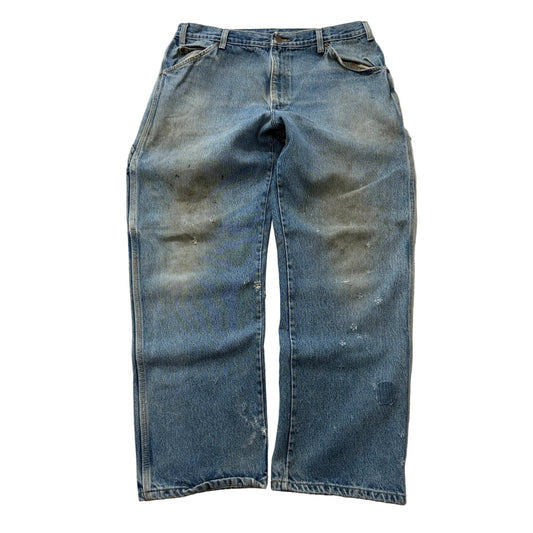 Dickies Men's Blue Carpenter Denim Jeans Distressed Logo Relaxed Fit Size 36x30