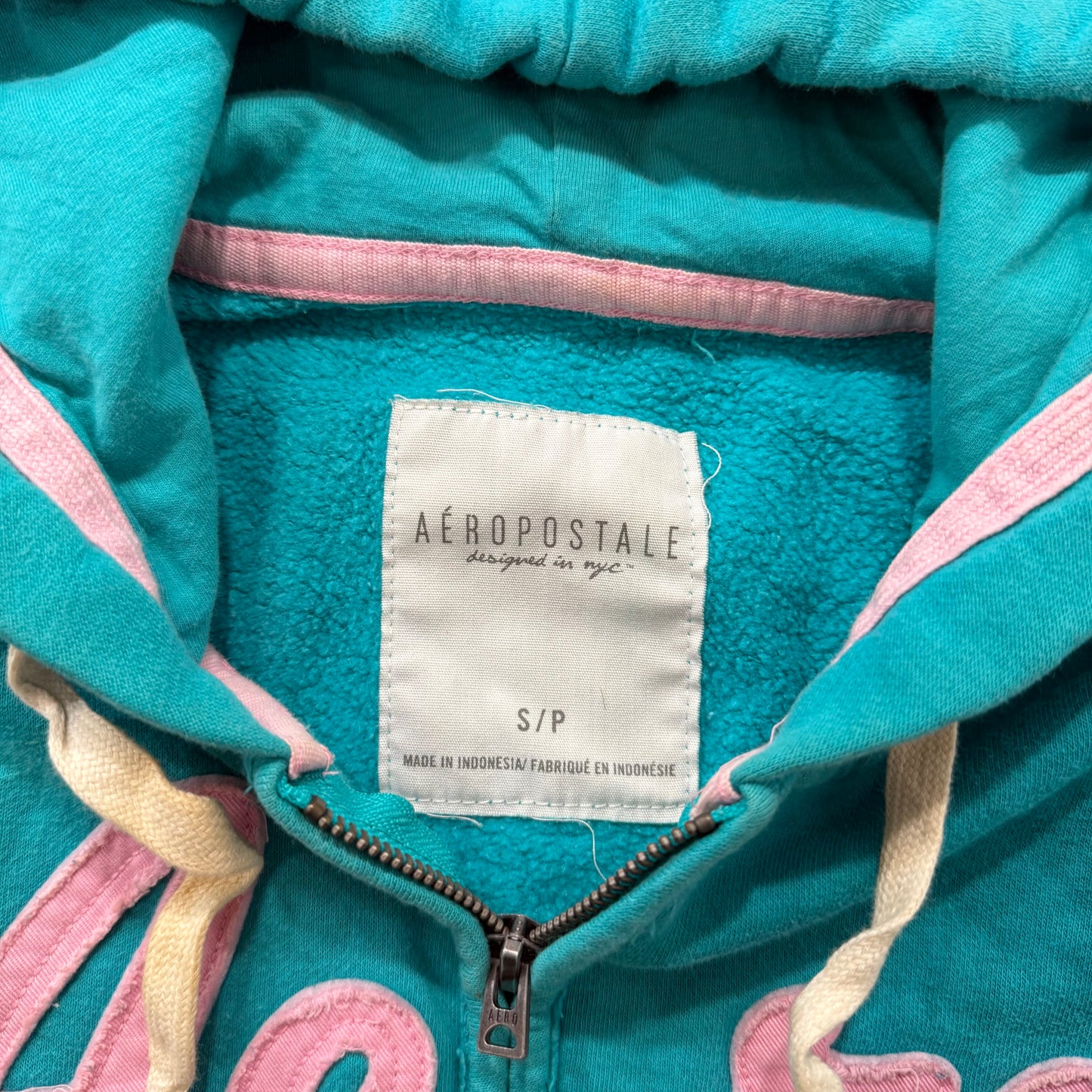 Aeropostale Teal Blue Embroidered Logo Full-Zip Hoodie Drawstring Classic Size S