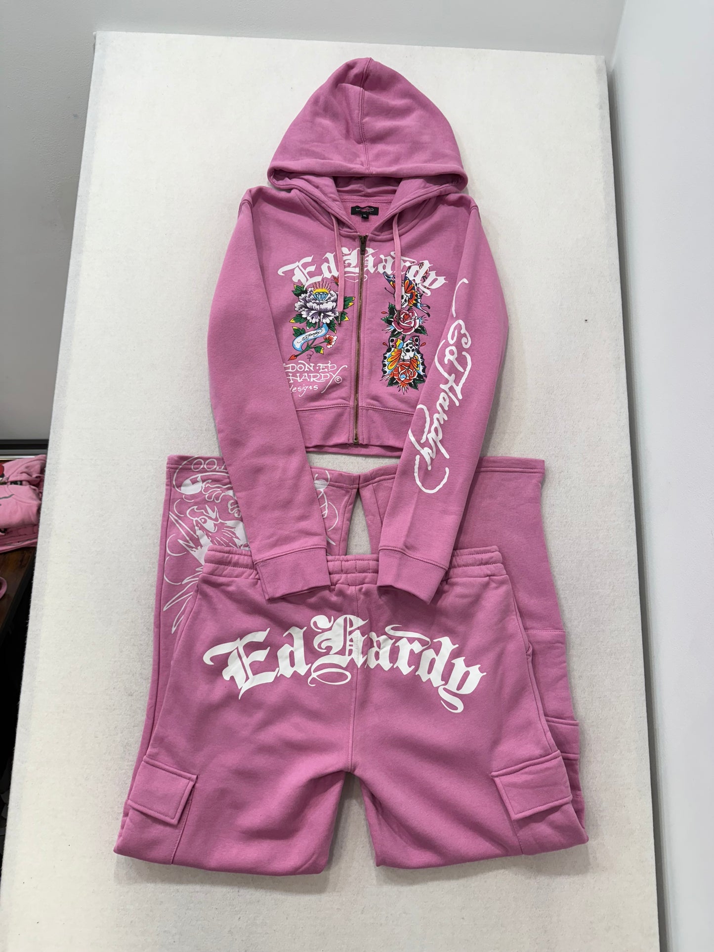 ED HARDY “Flower Skull” PINK MATCHING CARGO PANT SET