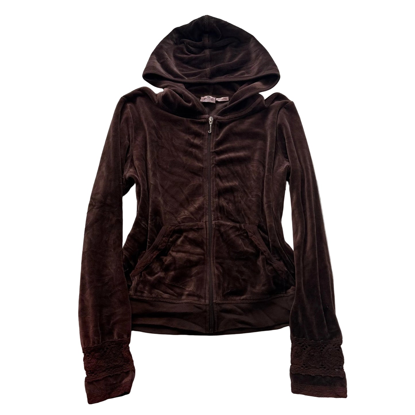 Juicy Couture Women's Dark Brown Velour Zip-Up Hoodie Lace Cuffs Pocket Size XL