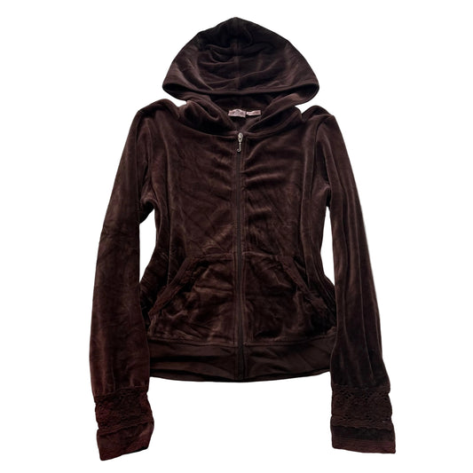 Juicy Couture Women's Dark Brown Velour Zip-Up Hoodie Lace Cuffs Pocket Size XL