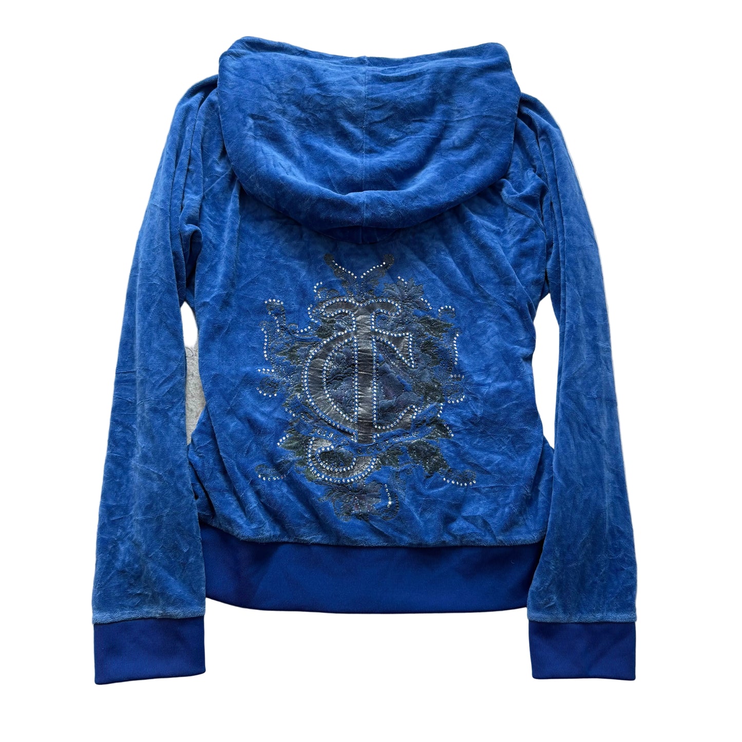 Juicy Couture Women's Royal Blue Velour Zip-Up Hoodie Rhinestones Logo Size XL