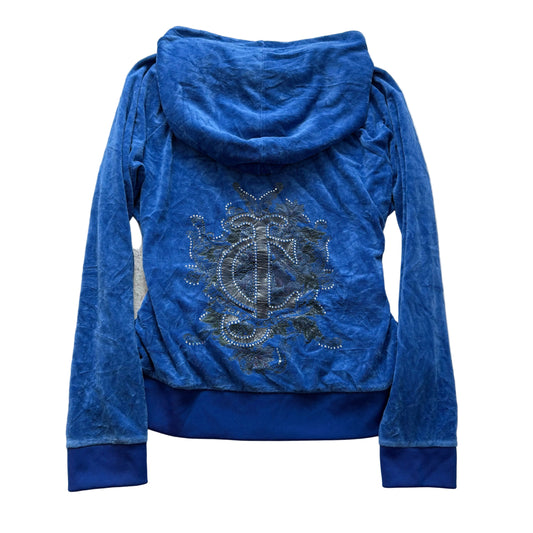 Juicy Couture Women's Royal Blue Velour Zip-Up Hoodie Rhinestones Logo Size XL