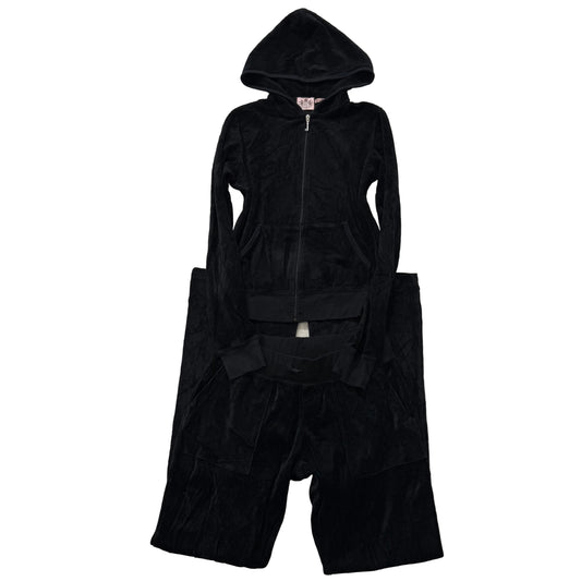 Juicy Couture Black Velour Tracksuit Set Zip Up Hoodie & Flared Pants Y2K Size M