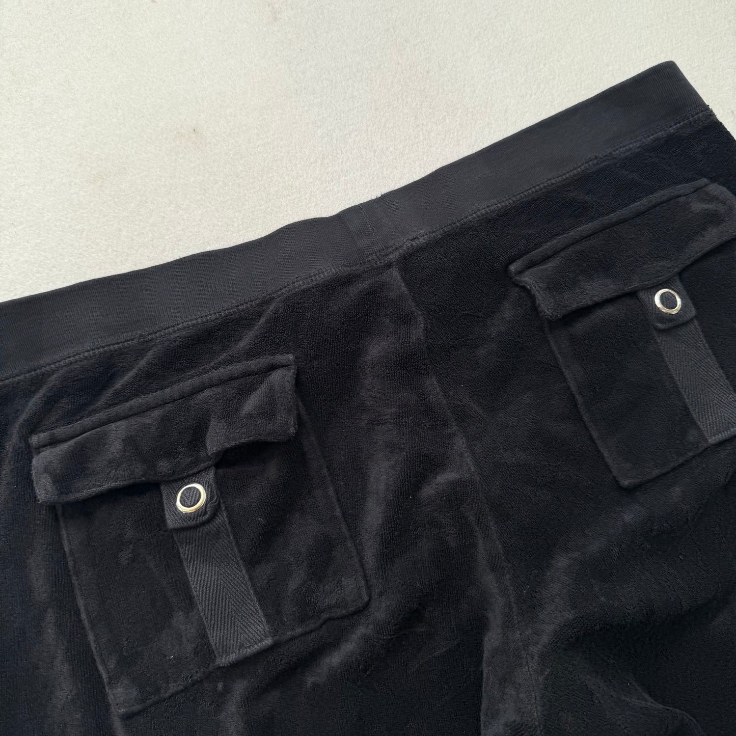 Vintage Juicy Couture Women Black Terrycloth Flare Track Pant Snap Pocket Size L