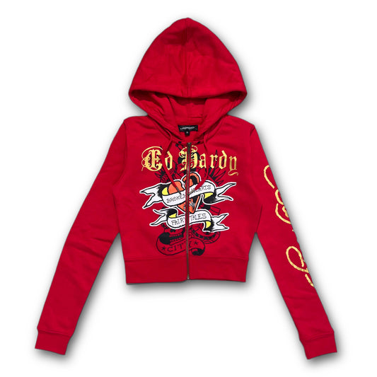 ED HARDY “Broken Hearts” RED CROPPED ZIP UP HOODIE - Clean Curriculums 