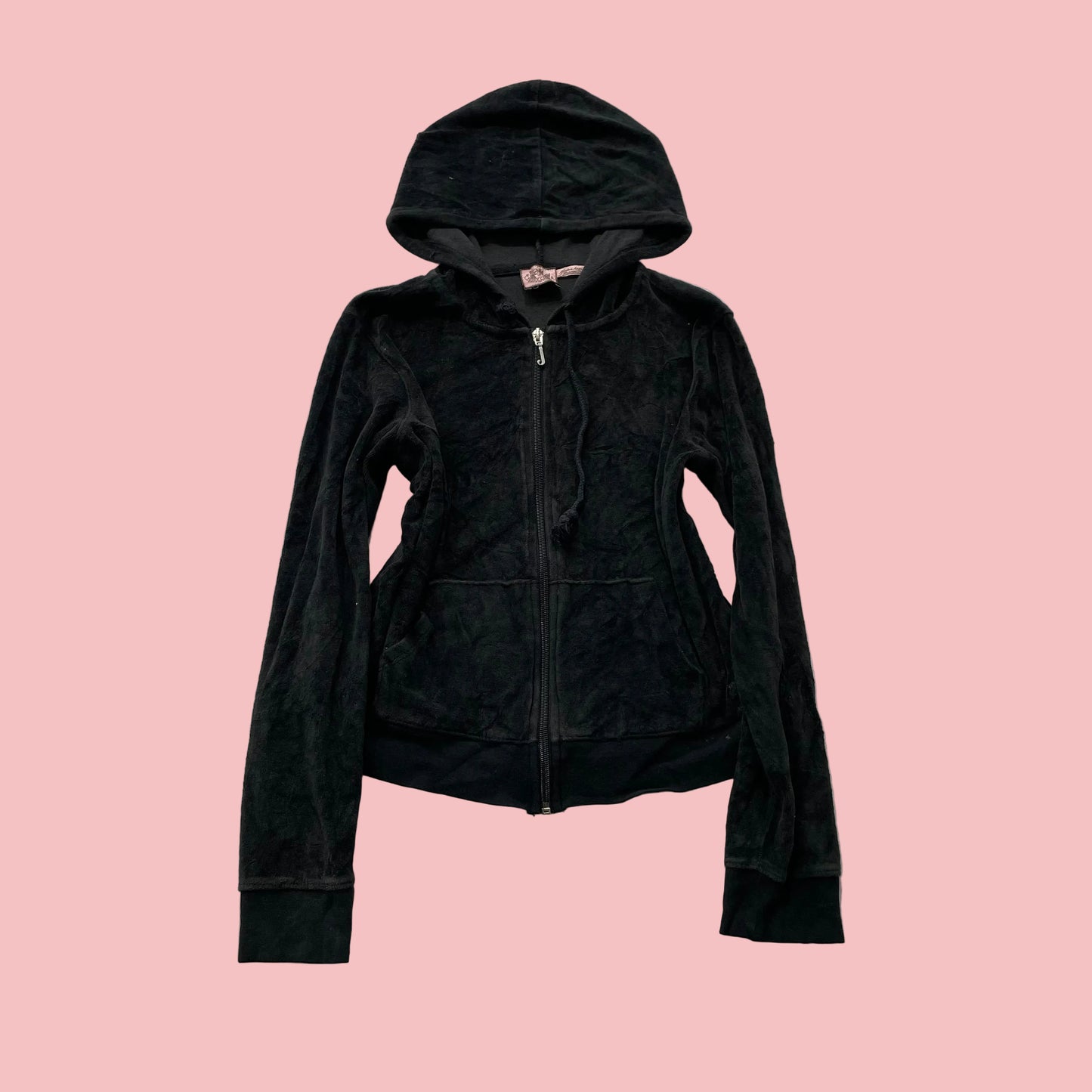 Vintage Juicy Couture Women Black Velour Zip-Up Hoodie Drawstring Pockets Size S