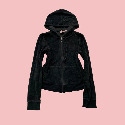 Vintage Juicy Couture Women Black Velour Zip-Up Hoodie Drawstring Pockets Size S