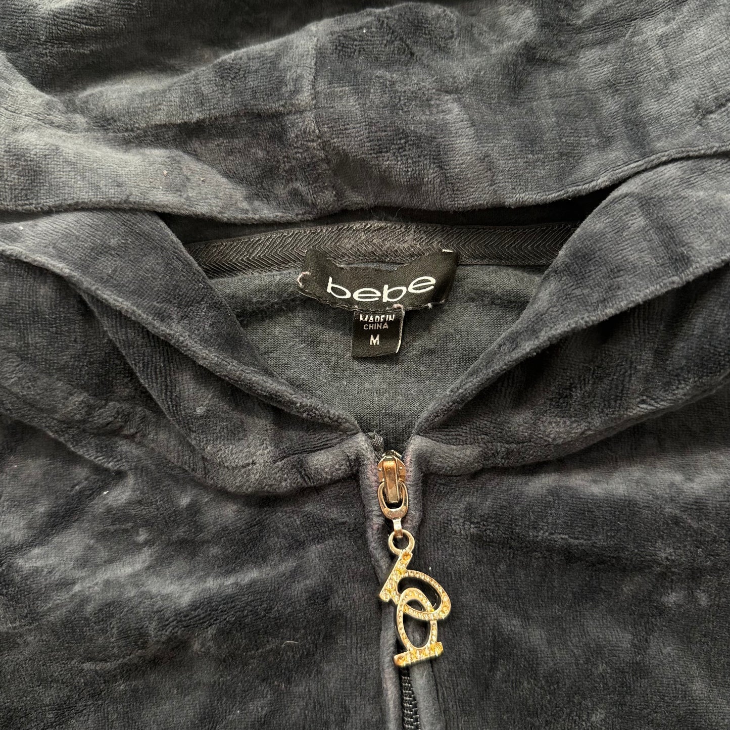 Bebe Women's Charcoal Gray Velour Zip-Up Hoodie Rhinestones Logo Pockets Size M