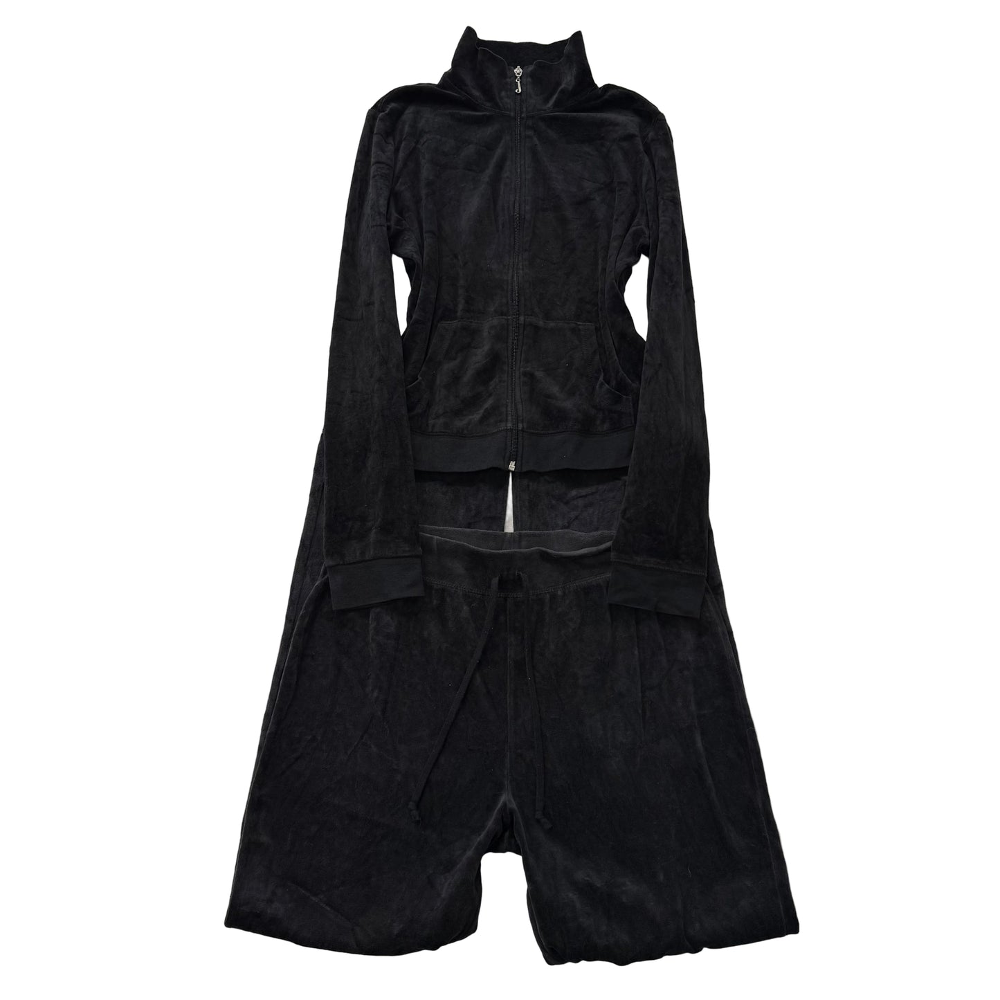 Juicy Couture Black Velour Tracksuit Set Zip Up Jacket & Flared Pants Y2K Size L