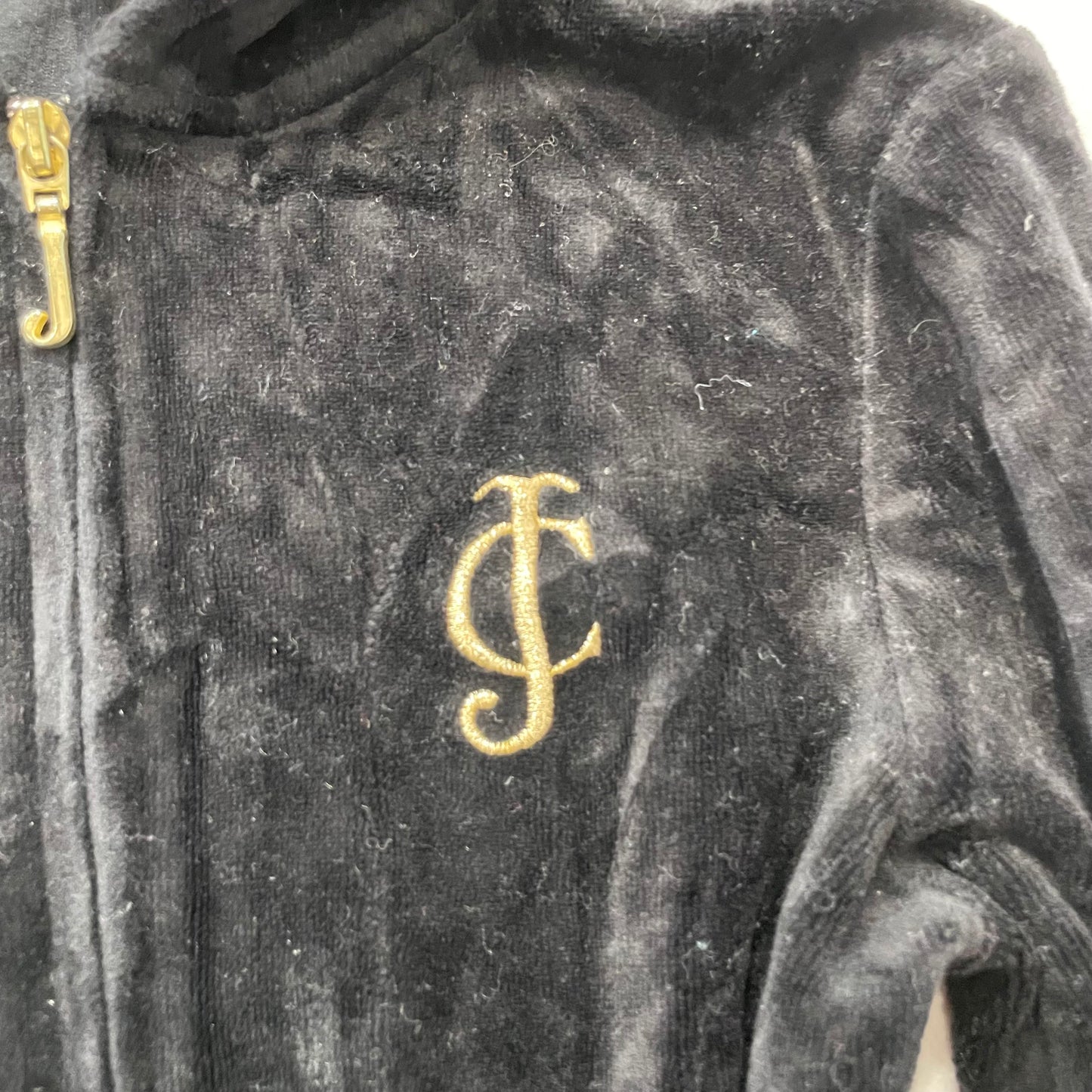Juicy Couture Womens Black Velour Zip-Up Hoodie Pockets Embroidered Logo Size XS