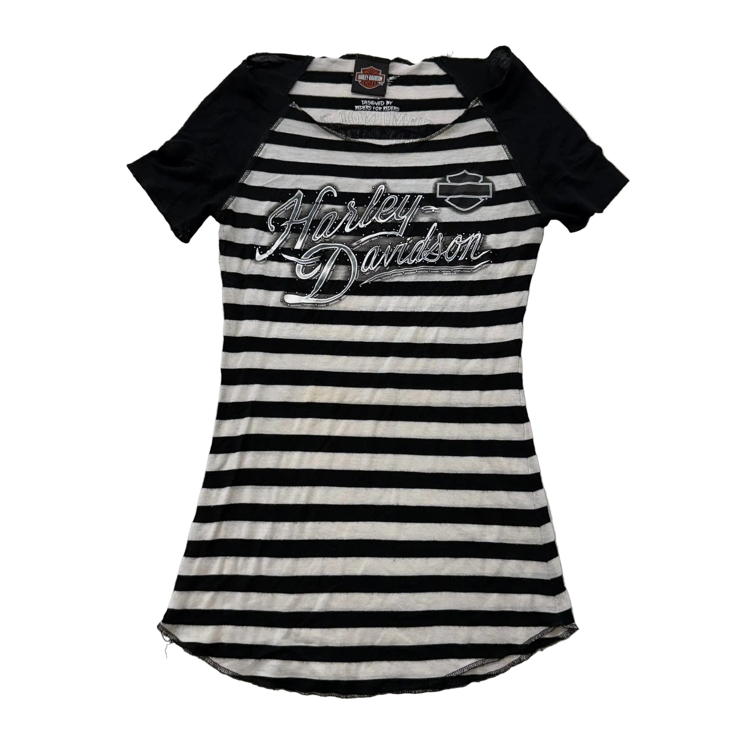 Harley-Davidson Women's Black White Striped Top Raglan Cut Curved Hem Y2K Size S