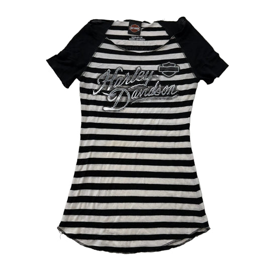 Harley-Davidson Women's Black White Striped Top Raglan Cut Curved Hem Y2K Size S