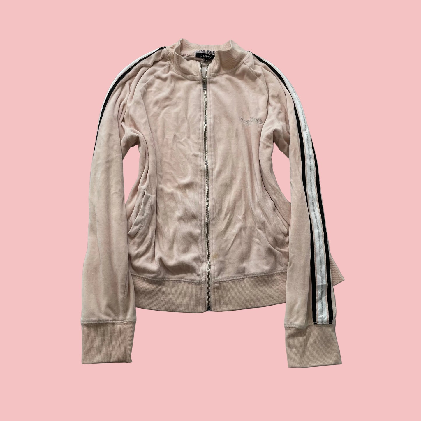 Bebe Women Baby Pink Velour Zip-Up Track Jacket Side Stripe Arms Classic Size XL