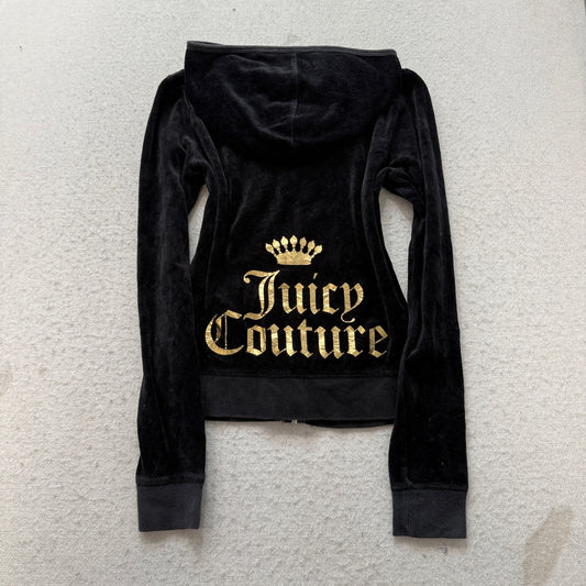 Juicy Couture Women's Black Velour Tracksuit Set Zip-Up Hoodie & Flared Pant - M