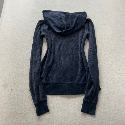 Vintage Juicy Couture Womens Navy Velour Zip-Up Hoodie Pockets Drawstring Size S