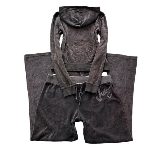 Vtg Juicy Couture Women's Charcoal Gray Velour Tracksuit Set Hoodie & Pant - S/L