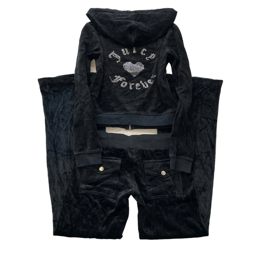 Vtg Juicy Couture Forever 21 Black Velour Tracksuit Set Rhinestones Logo Size S