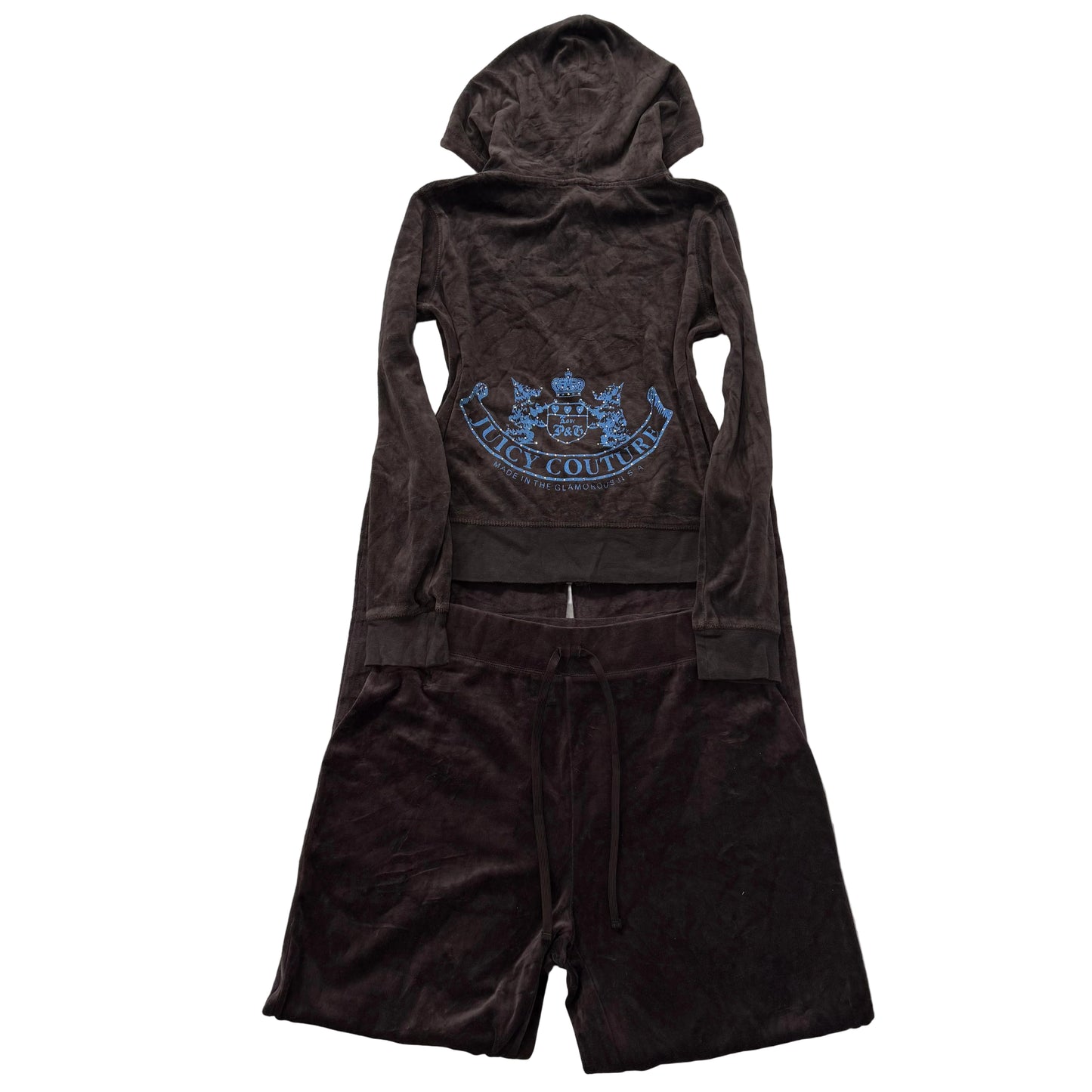 Juicy Couture Brown Velour Tracksuit Set Zip Up Hoodie & Flared Pant Logo Size M