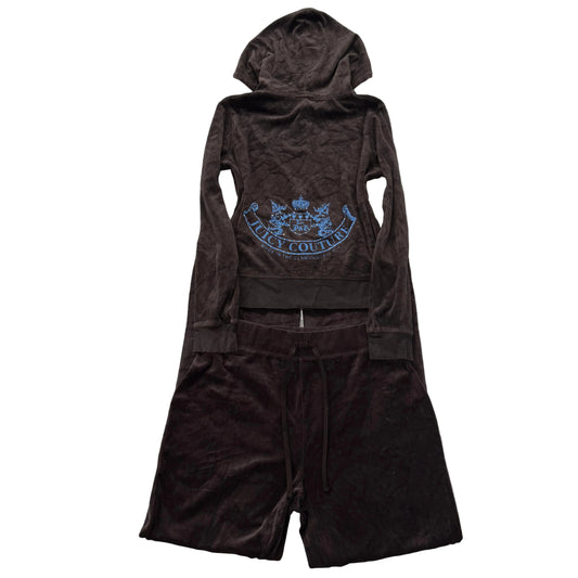Juicy Couture Brown Velour Tracksuit Set Zip Up Hoodie & Flared Pant Logo Size M