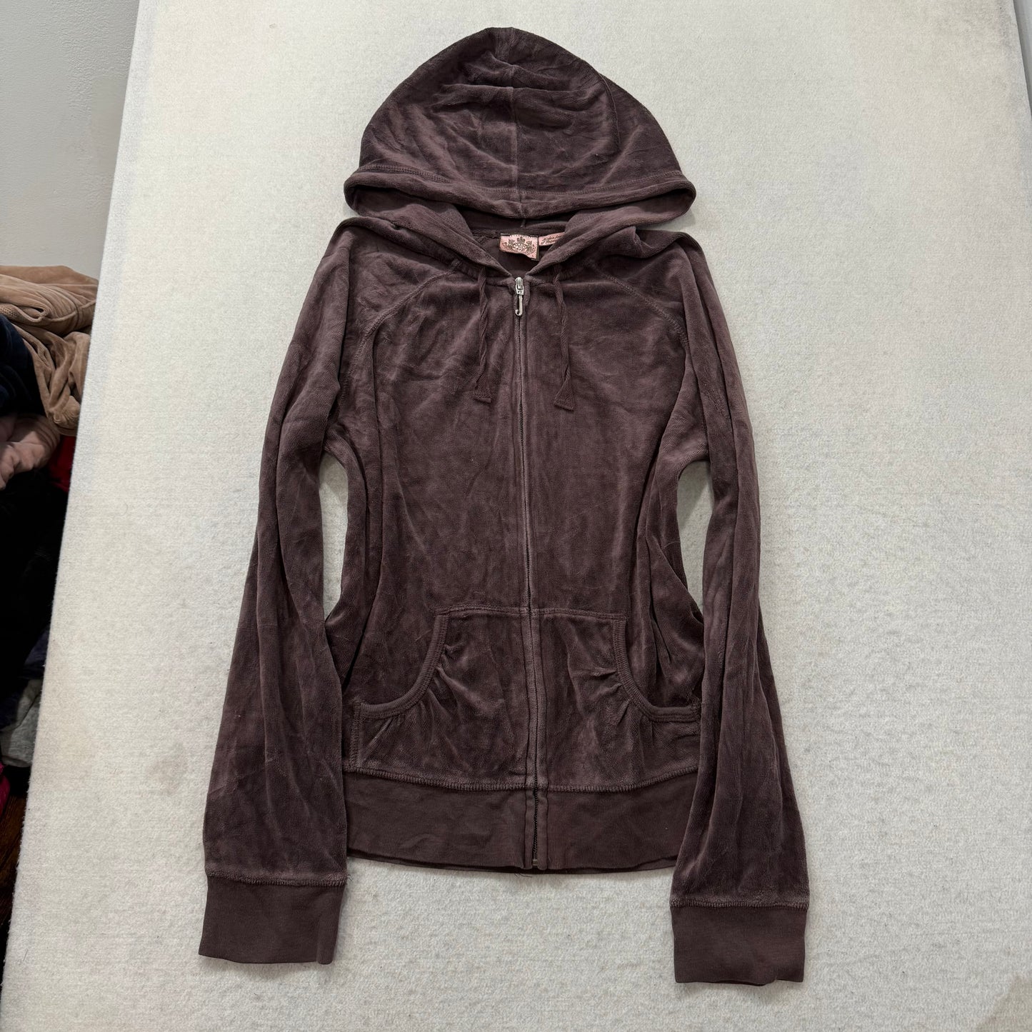 Vintage Juicy Couture Women' Dark Brown Velour Tracksuit Set Hoodie & Pant Size L