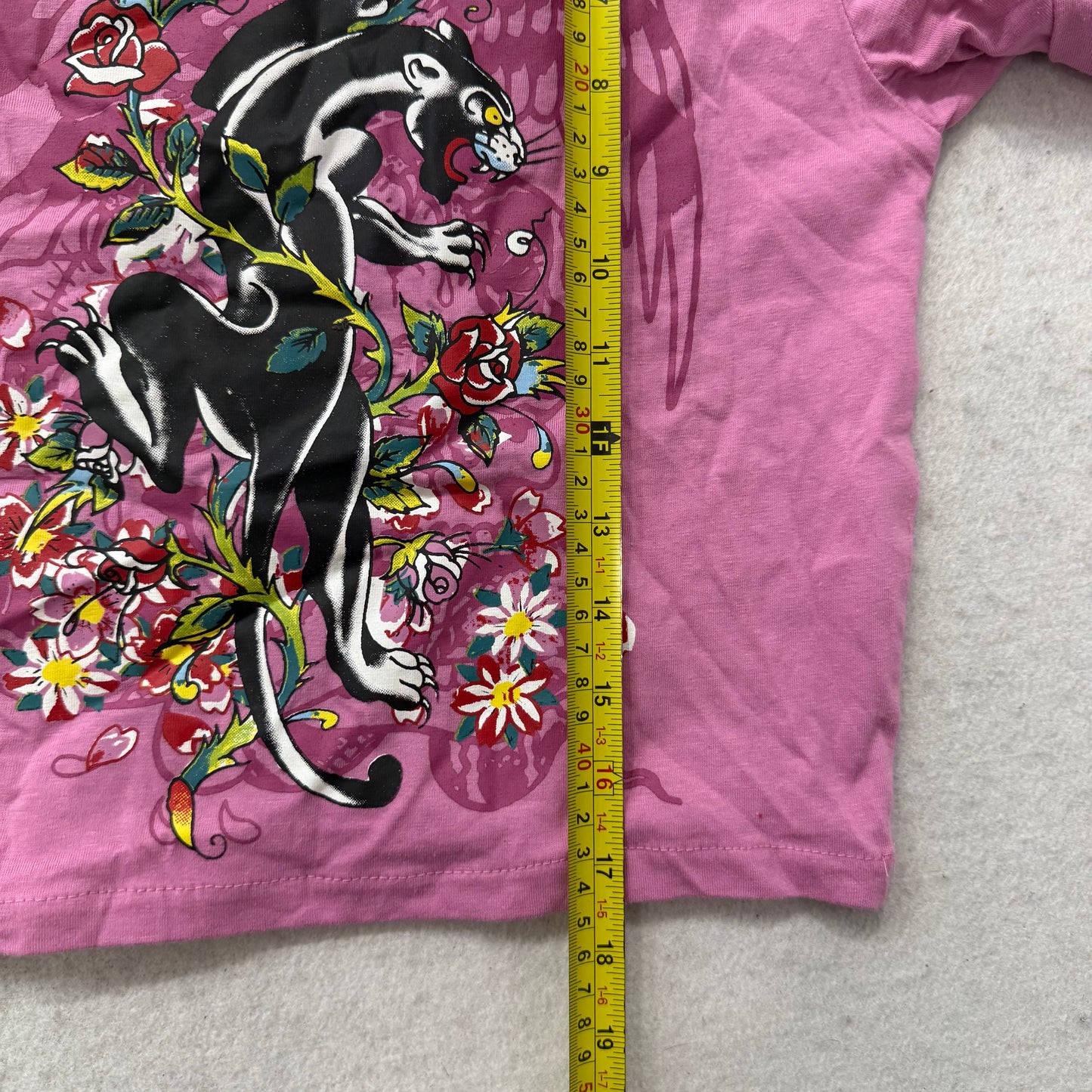 Ed Hardy Women Pink Cropped T-Shirt Long Sleeve Black Panther Graphic Tee Size M