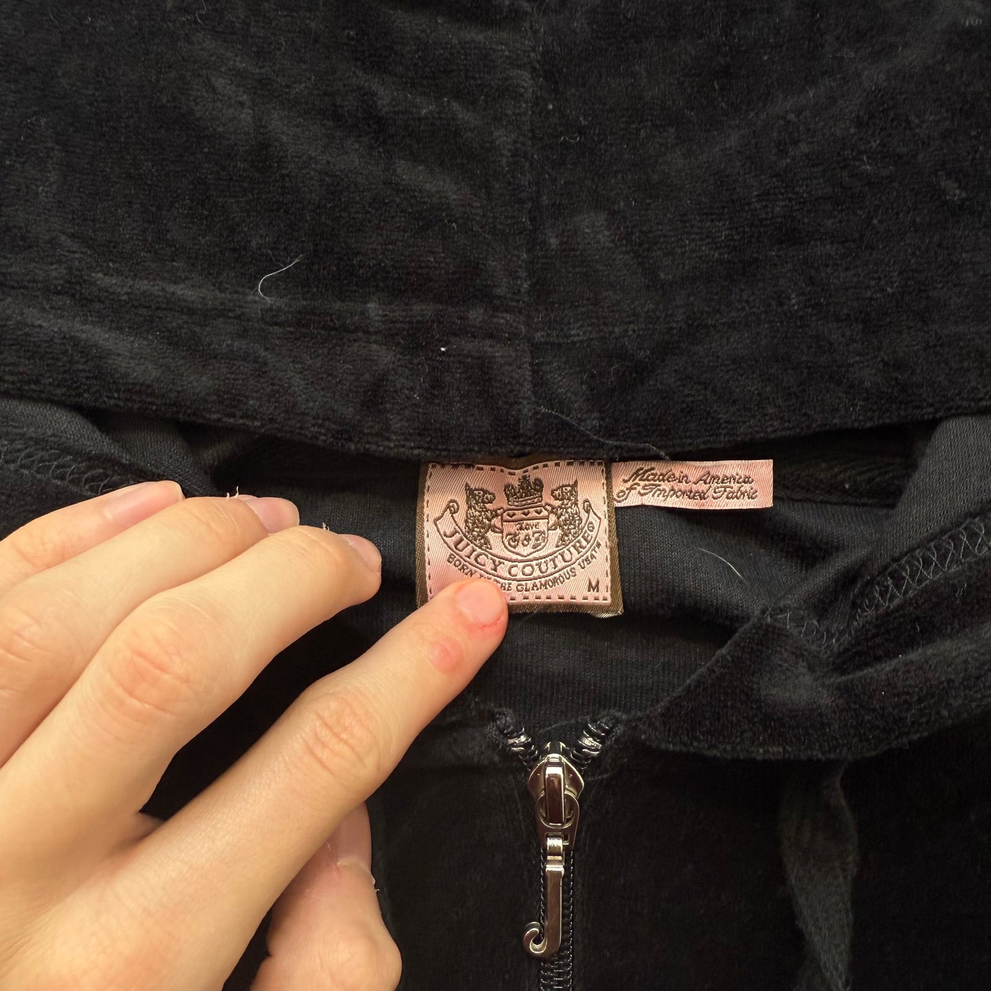 Juicy Couture Women's Black Velour Full Zip Hoodie Drawstring Pockets Y2k Size M