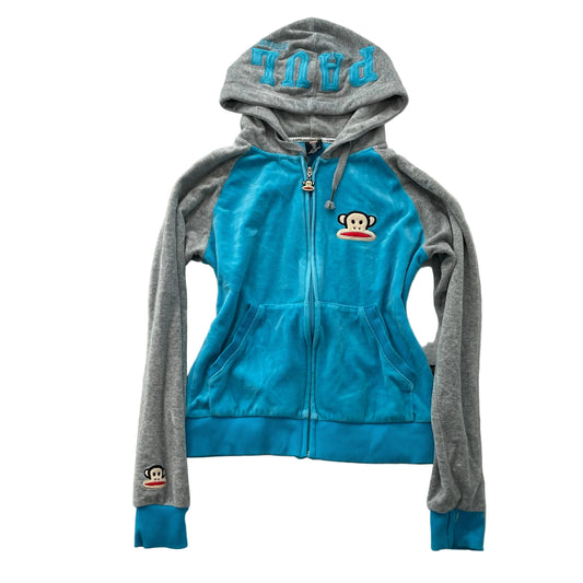 Paul Frank Women's Turquoise Blue Gray Velour Zip Up Cropped Hoodie Logo Size L