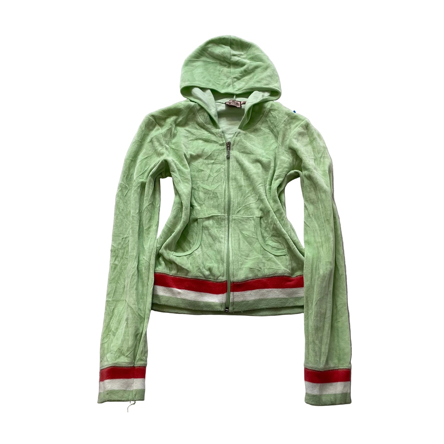 Vintage Juicy Couture Women's Green Velour Hoodie Striped Ribbed Cuffs Size L