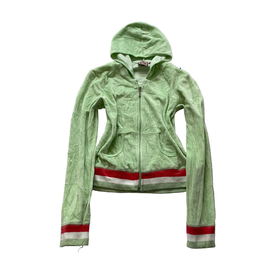 Vintage Juicy Couture Women's Green Velour Hoodie Striped Ribbed Cuffs Size L