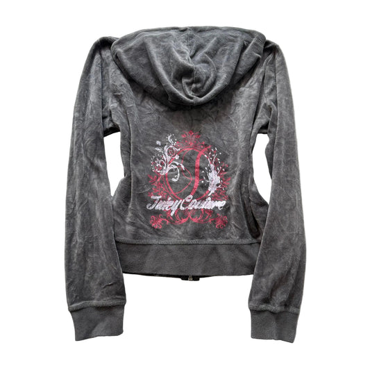 Vintage Juicy Couture Women's Gray Velour Zip-Up Hoodie Back Graphic Logo Size S
