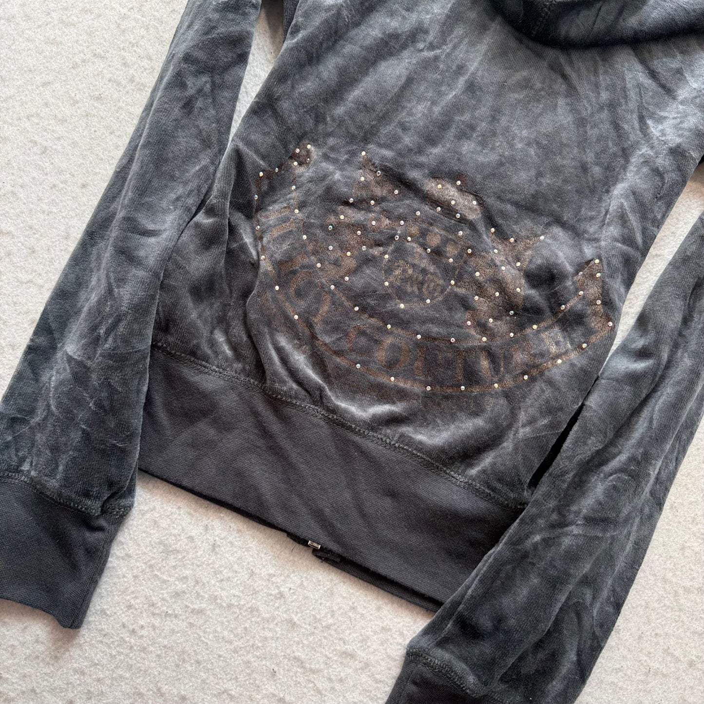 Vintage Juicy Couture Scottie Dogs Womens Deep Gray Velour Hoodie Rhinestone - S