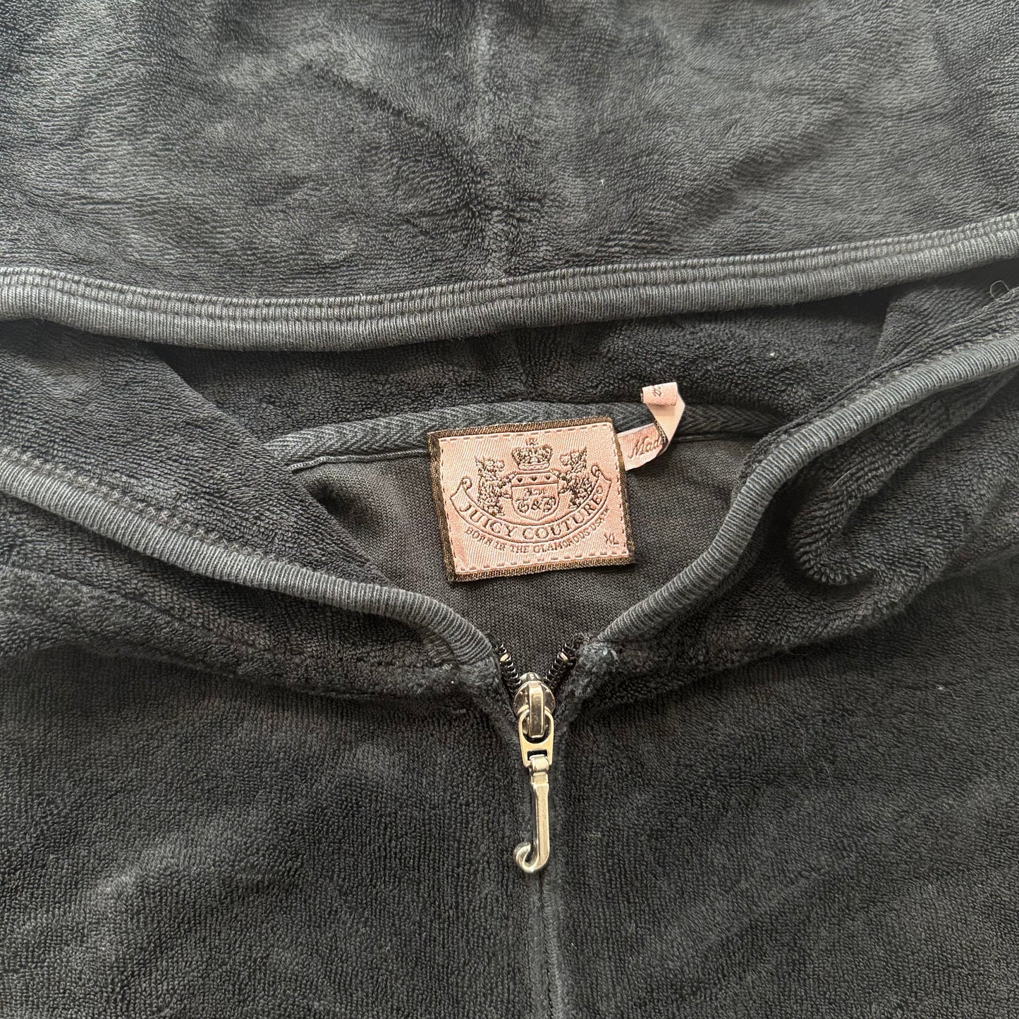 Juicy Couture Womens Black Terry Cloth Zip-Up Hoodie Short Sleeve Pocket Size XL