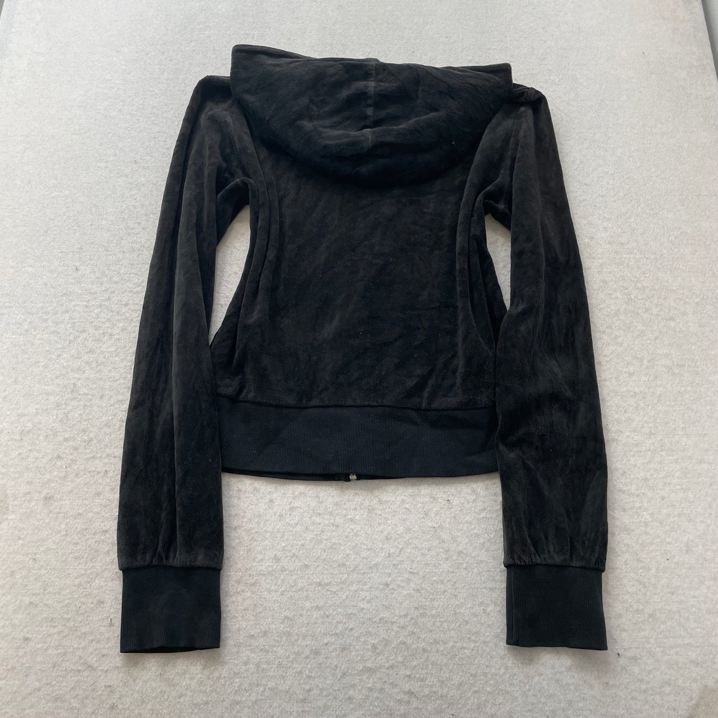 Vintage Juicy Couture Womens Black Velour Zip-Up Hoodie Drawstring Pocket Size S