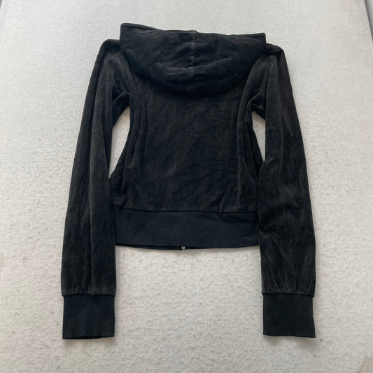 Vintage Juicy Couture Womens Black Velour Zip-Up Hoodie Drawstring Pocket Size S