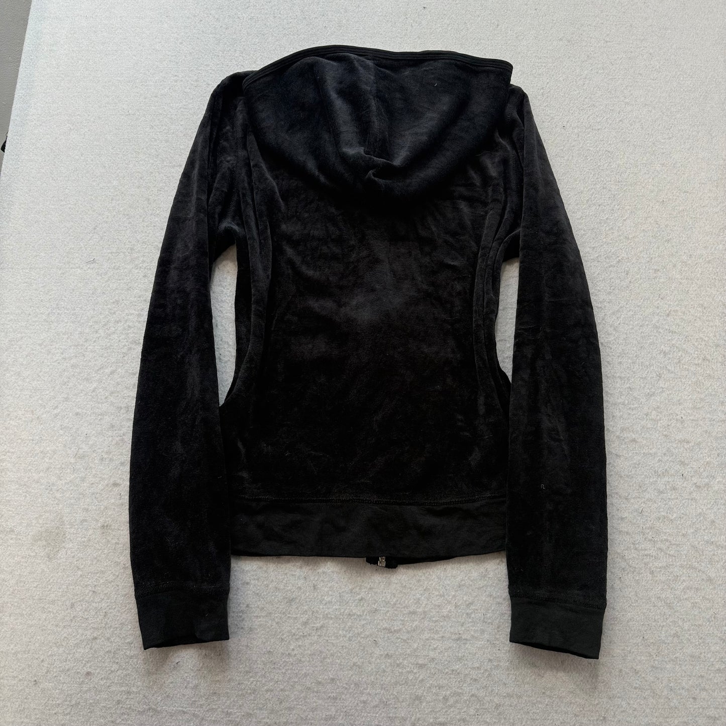 Vintage Juicy Couture Women's Black Velour Zip-Up Hoodie Loungewear Pockets Size S