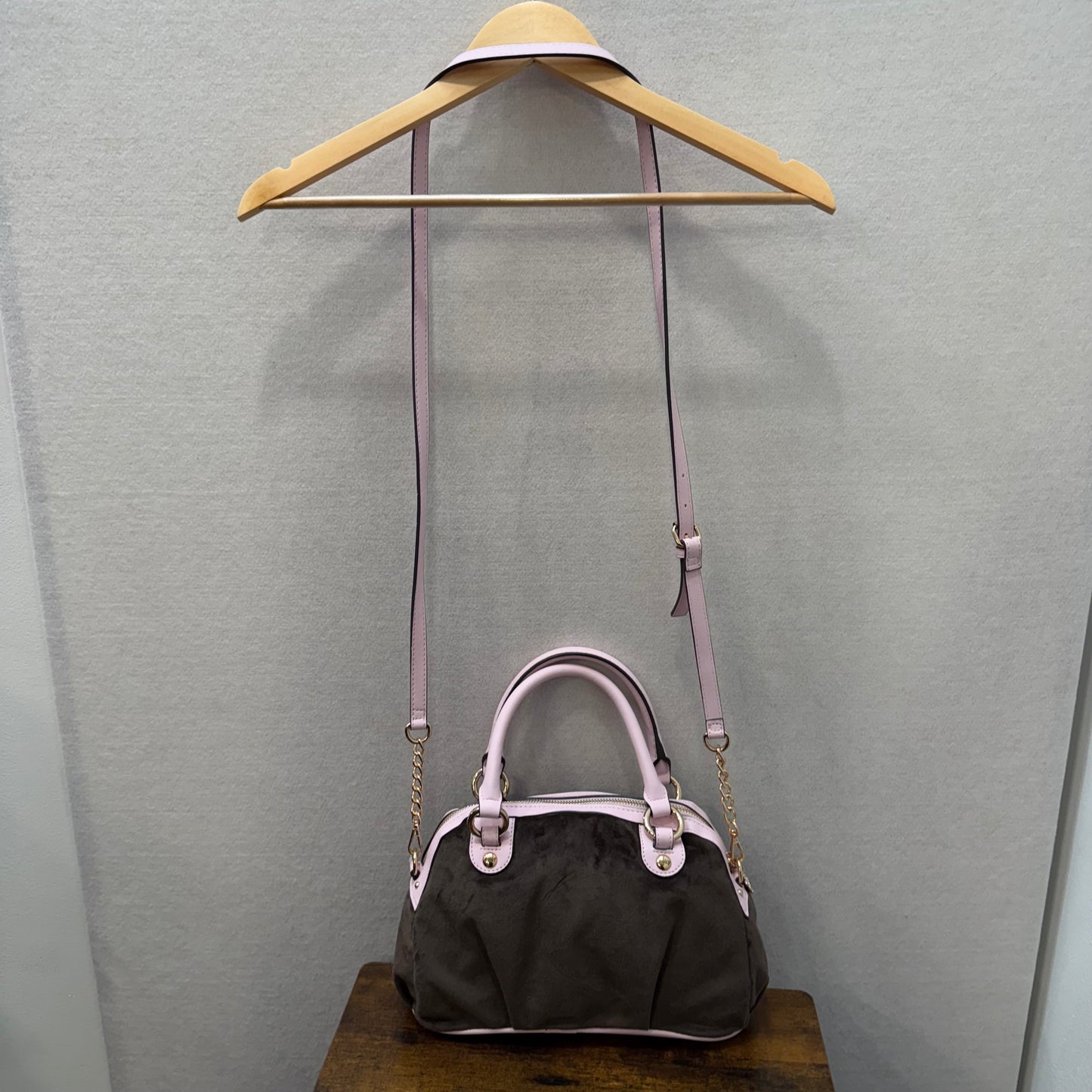 Vintage Juicy Couture brown velour mini bowler bag pink sequin logo heart charm