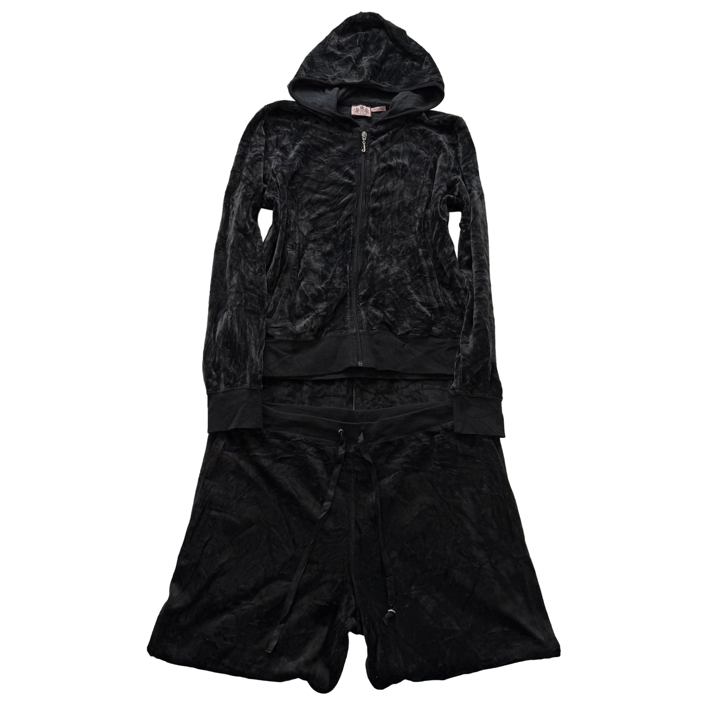 Juicy Couture True Black Velour Tracksuit Set Zip Up Hoodie & Wide Pants Size L