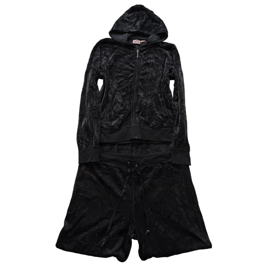 Juicy Couture True Black Velour Tracksuit Set Zip Up Hoodie & Wide Pants Size L