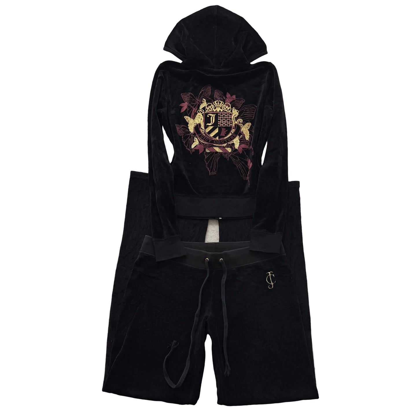 Juicy Couture Women's Black Velour Tracksuit Set Embroidered Butterfly Size S/M