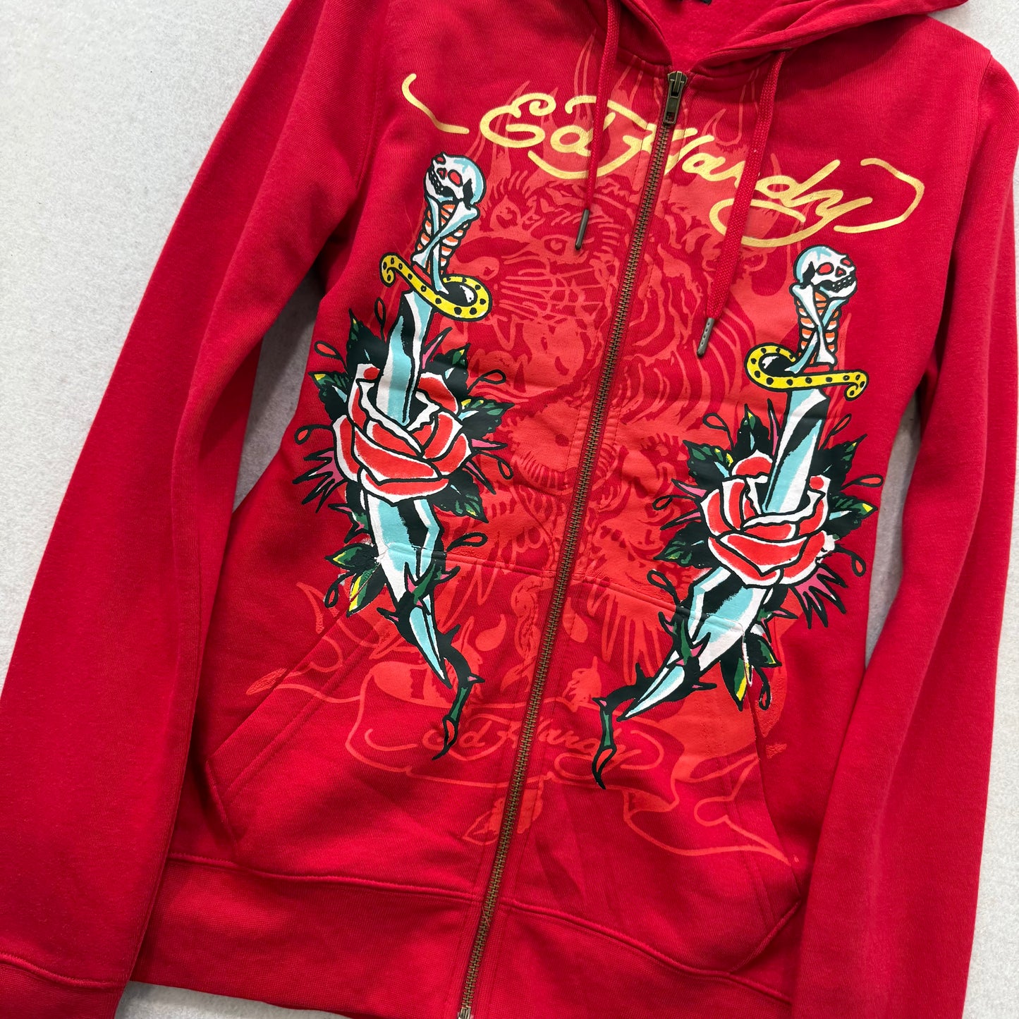 ED HARDY “Rose Dagger” CHERRY RED FITTED ZIP UP HOODIE