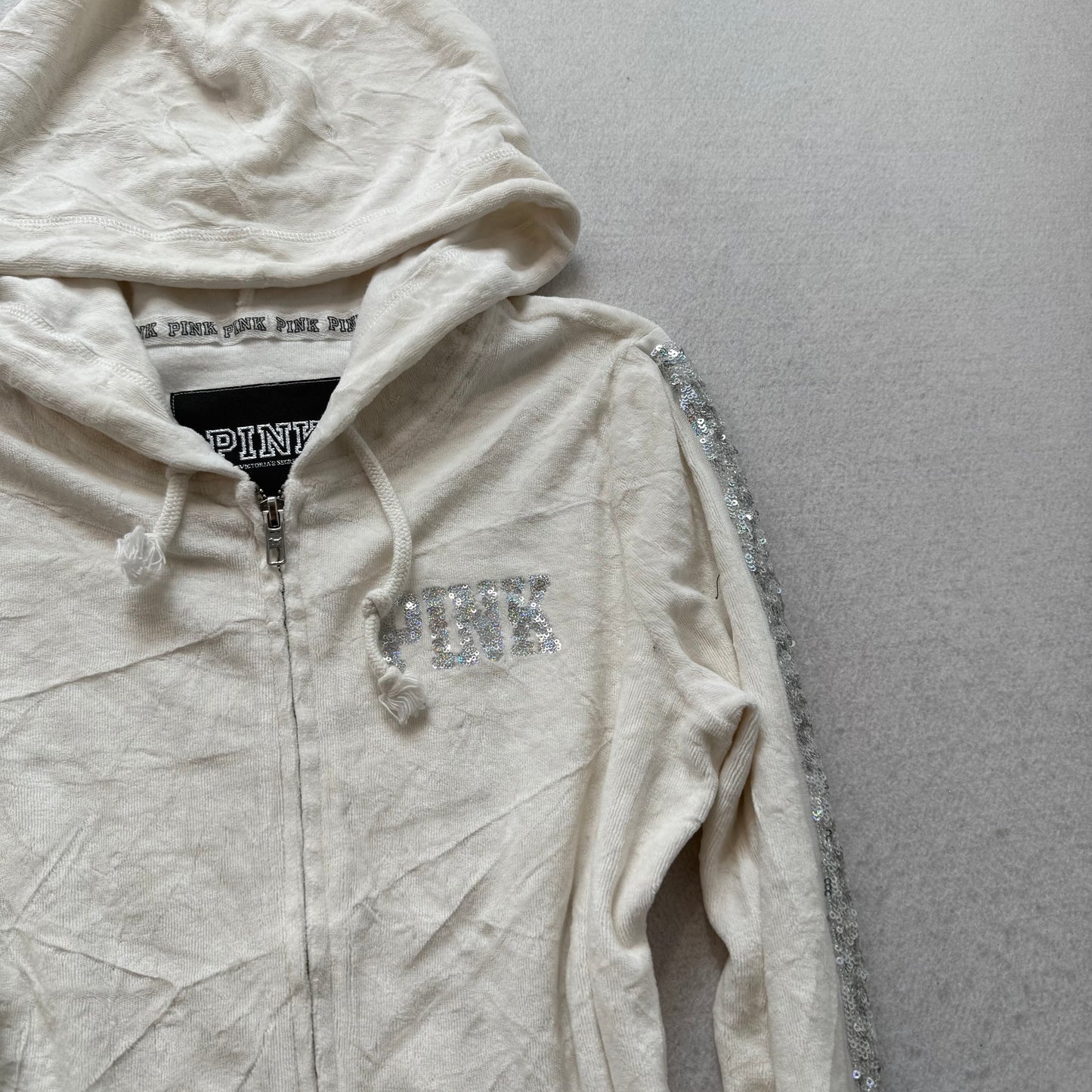 Victoria's Secret PINK Womens Off White Velour Hoodie Silver Sequin Logo Size XS