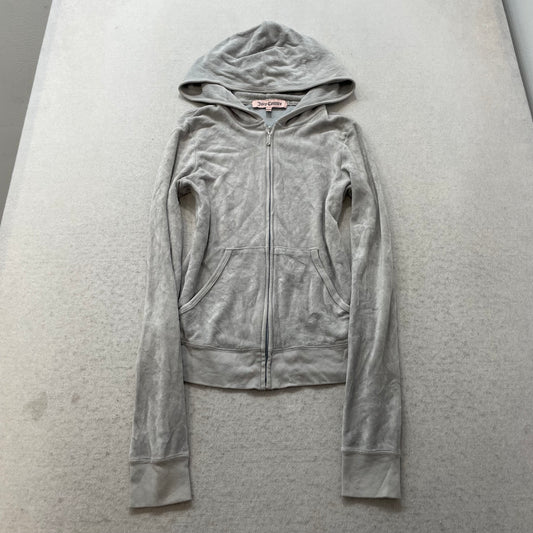 Juicy Couture Women Gray Velour Zip-Up Hoodie Pockets Loungewear Dog Logo Size S