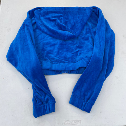 Juicy Couture Womens Blue Velour Zip-Up Cropped Hoodie Loungewear Classic Size S