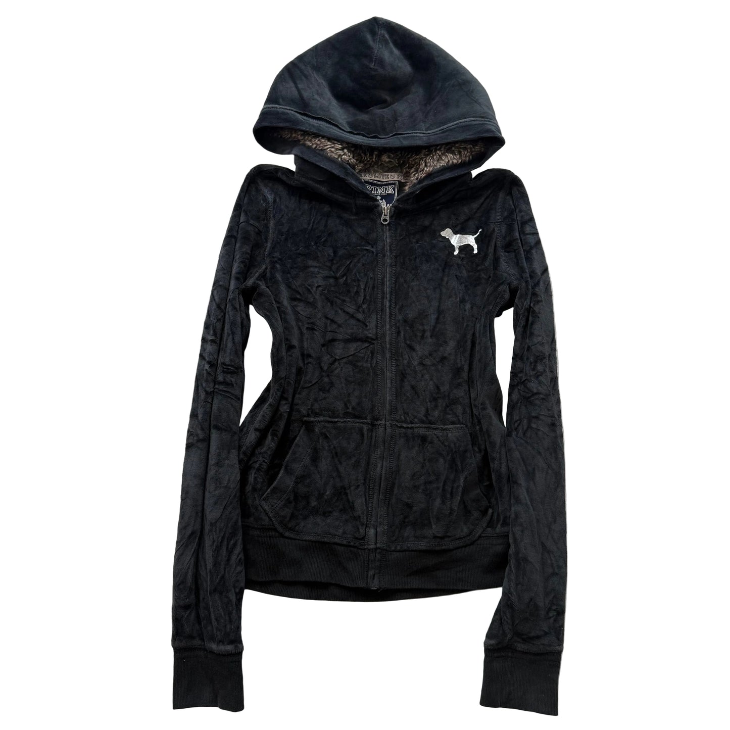 PINK Victoria's Secret Women's Black Zip Up Hoodie Sequins Heart Fur Trim Size M
