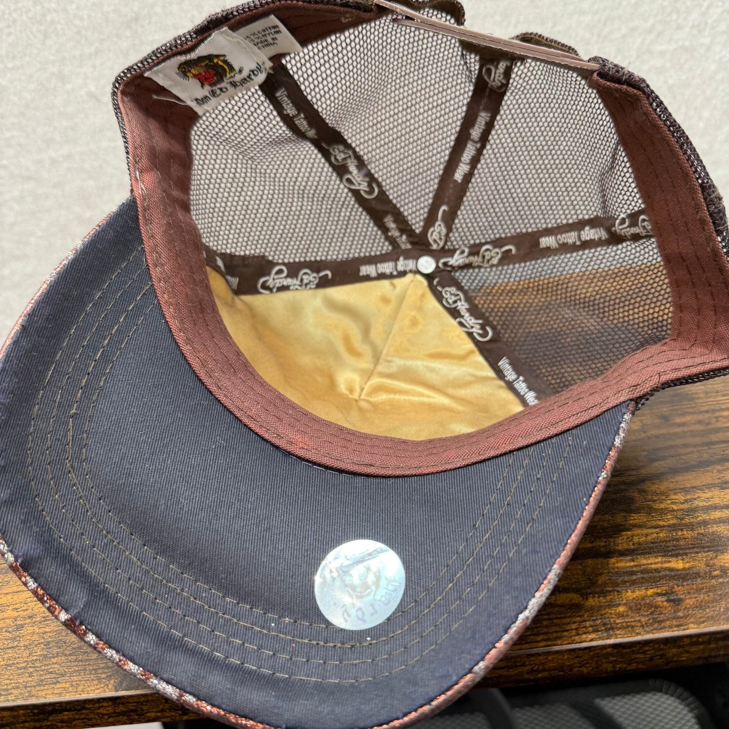 Ed Hardy Tiger Men's Brown Glitter Mesh Trucker Hat Embroidered Snapback Cap